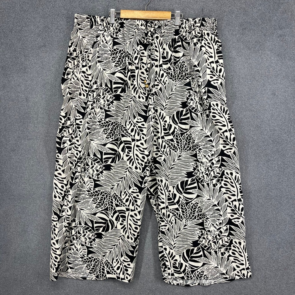 Rachel Zoe Wide Leg Pants Women 3X Black Linen Blend Cropped Tropical Leaf